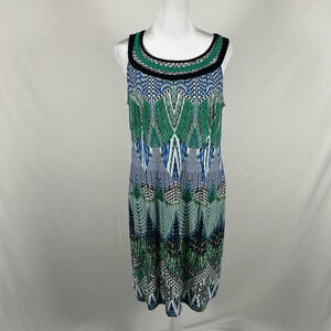 Sandra Darren Dress Blue Green Sleeveless Midi 12 Shift Business Casual